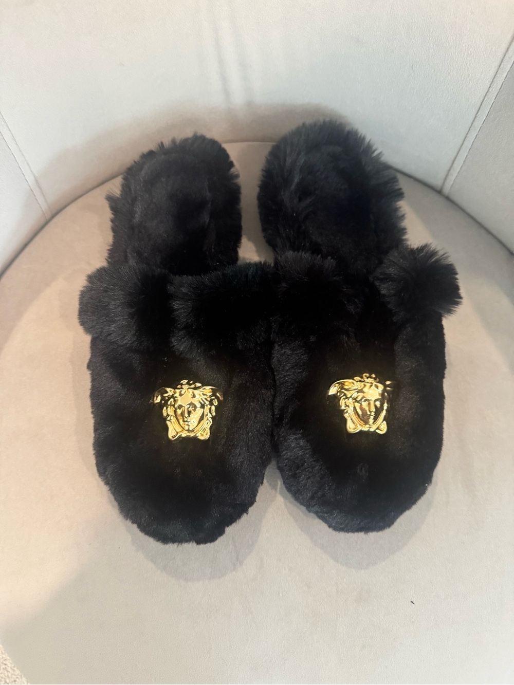 Versace Black Faux Fur Slippers with Gold Medusa Emblem